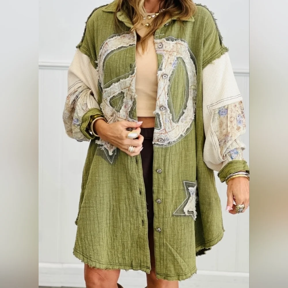 POL Olive Multi-Star Peace Patcg Button-Up Shacket. SZ L NWOT - Picture 2 of 10